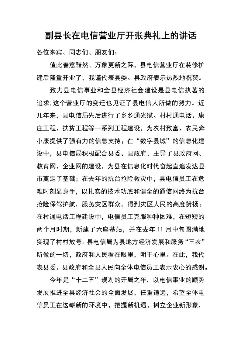 副县长在电信营业厅开张典礼上的讲话