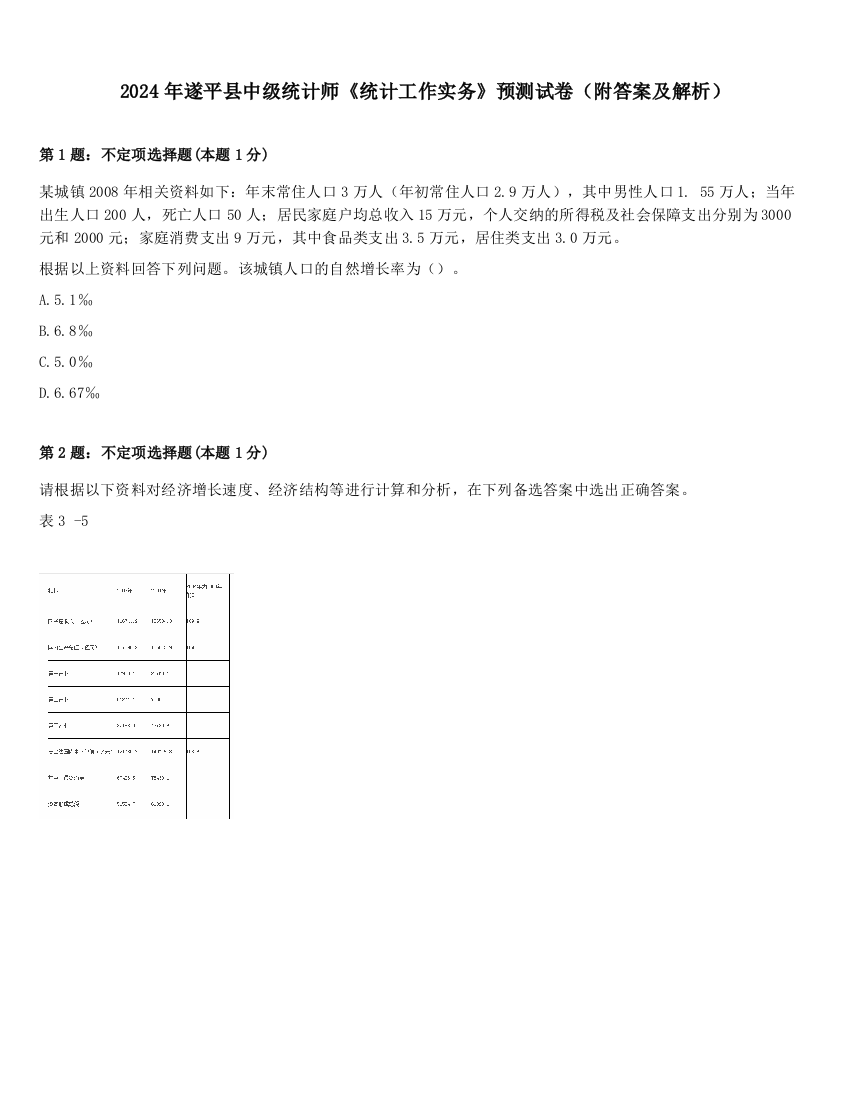 2024年遂平县中级统计师《统计工作实务》预测试卷（附答案及解析）