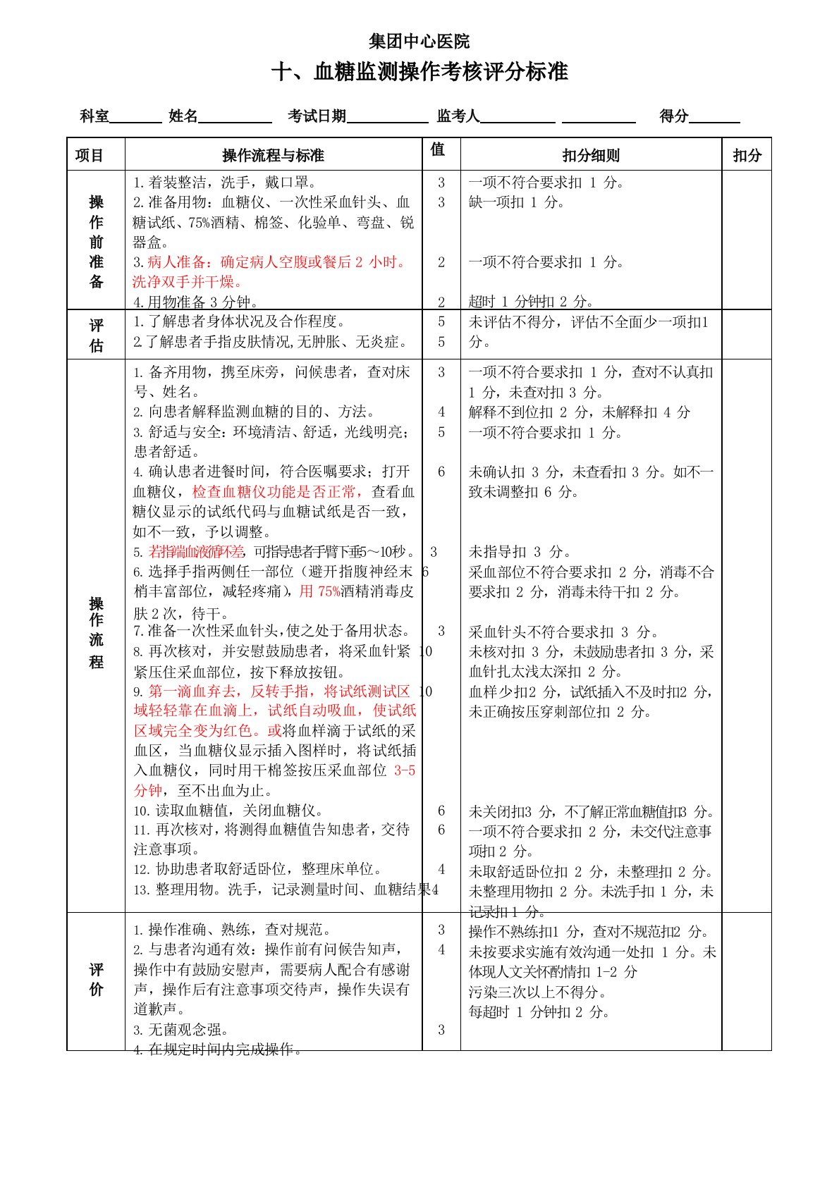 血糖监测操作考核评分标准