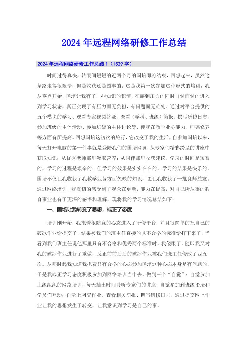 2024年远程网络研修工作总结