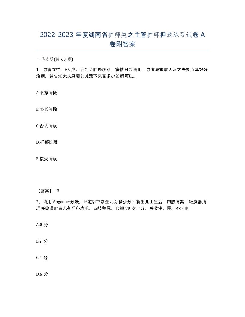 2022-2023年度湖南省护师类之主管护师押题练习试卷A卷附答案