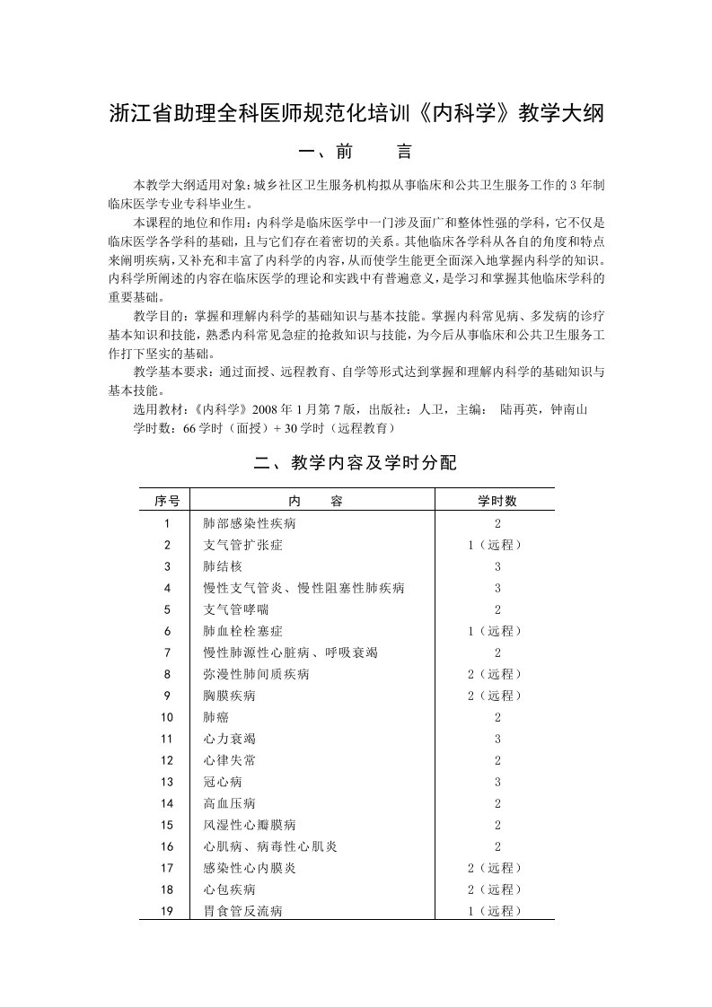 浙江省助理全科医师规范化培训《内科学》教学大纲