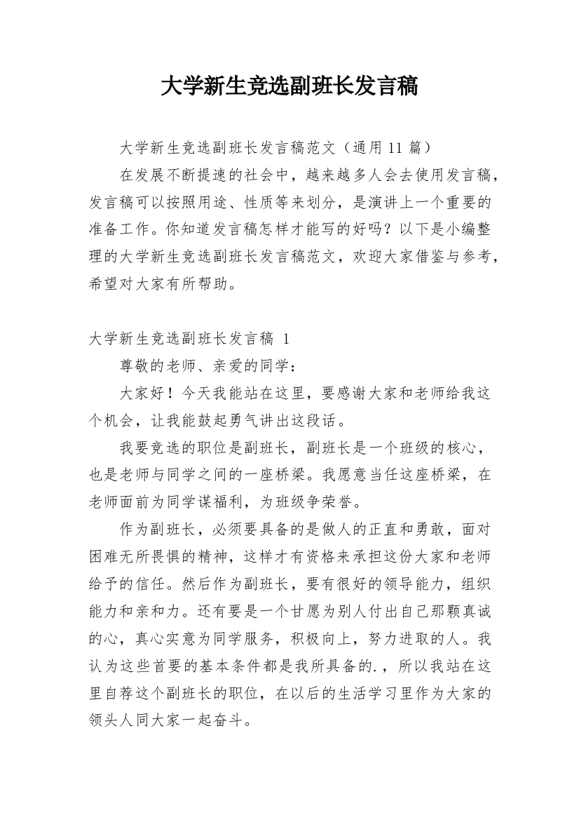 大学新生竞选副班长发言稿