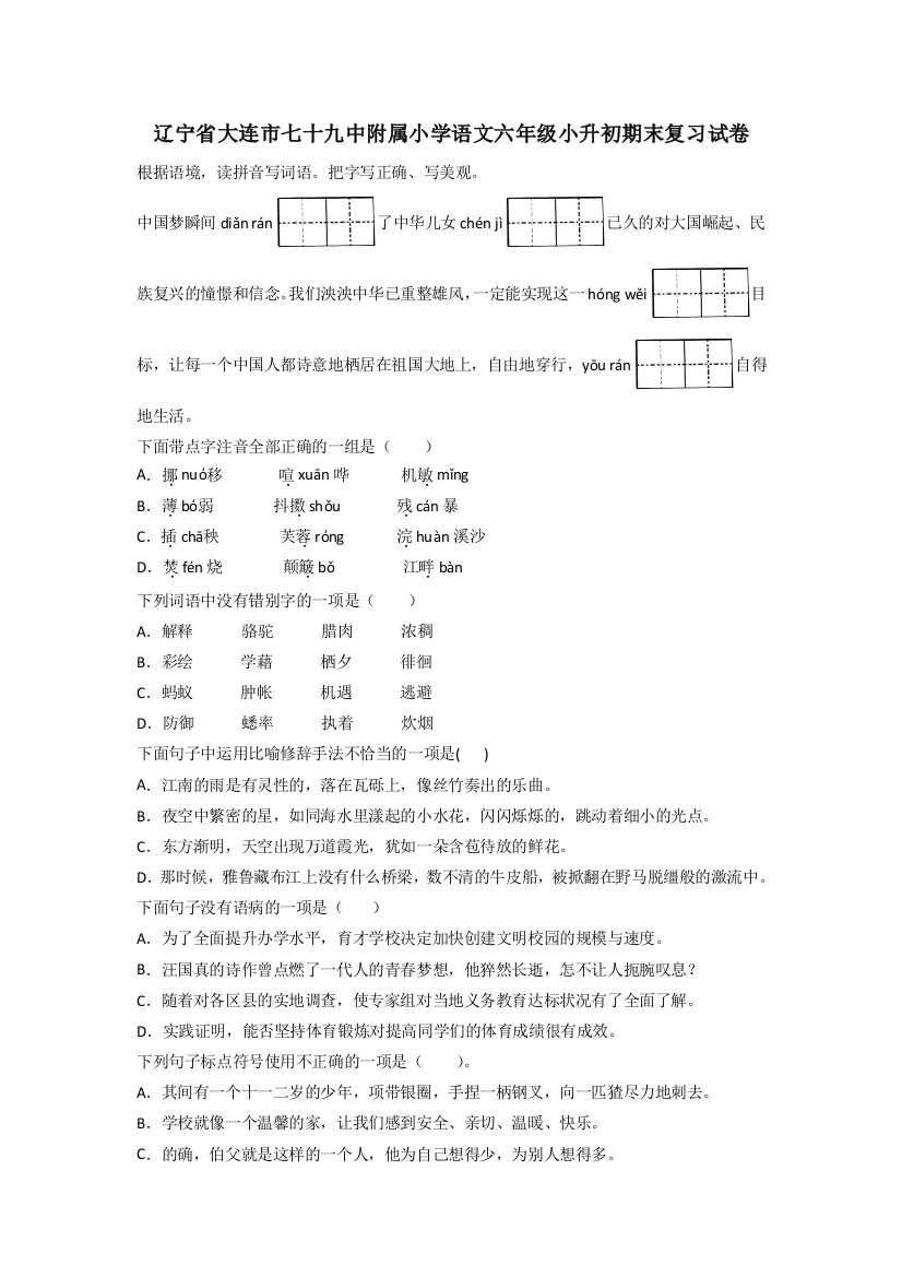 辽宁省大连市七十九中附属小学语文六年级小升初期末复习试卷