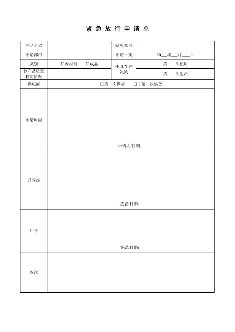 产品管理-产品紧急放行申请单060