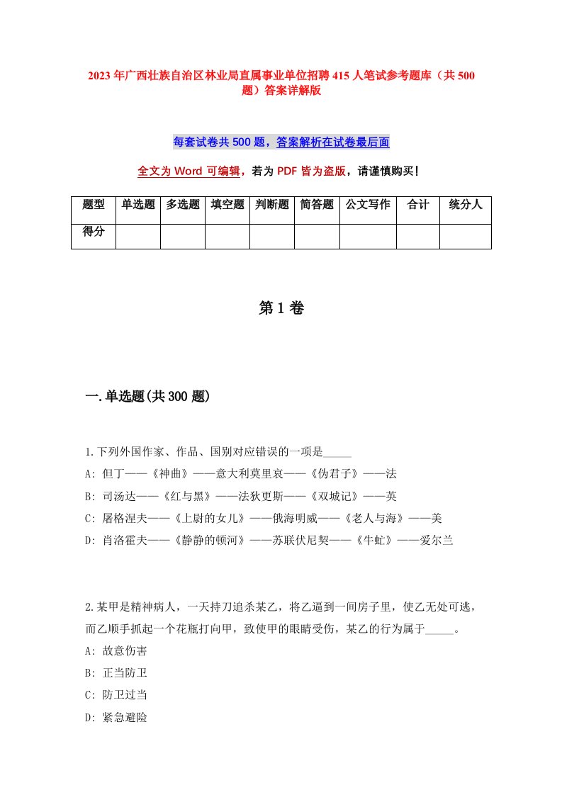 2023年广西壮族自治区林业局直属事业单位招聘415人笔试参考题库共500题答案详解版