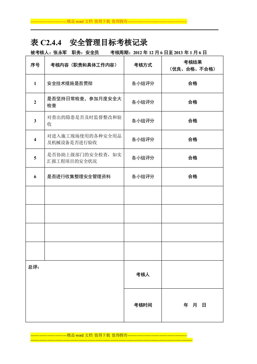 表C2.4.4--安全管理目标考核记录-2.