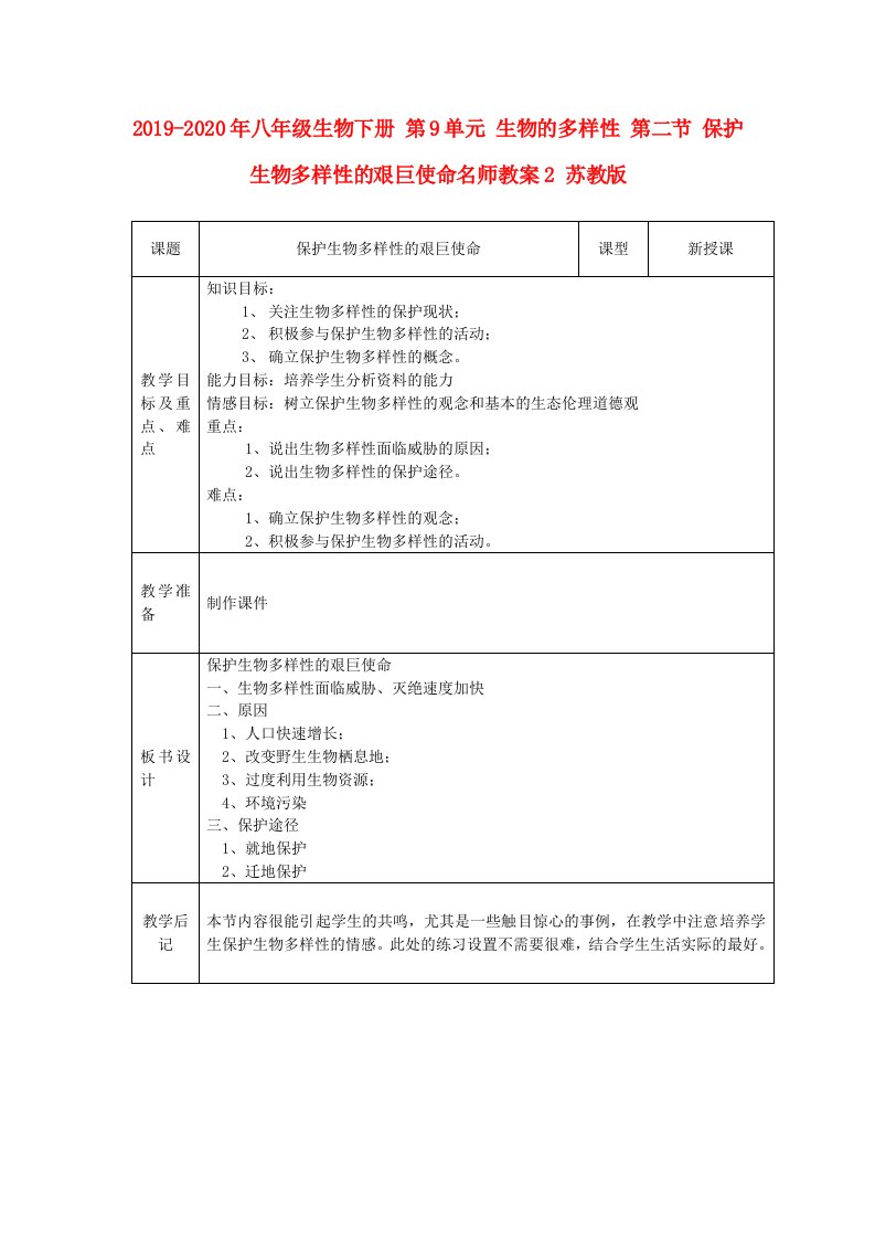 2019-2020年八年级生物下册