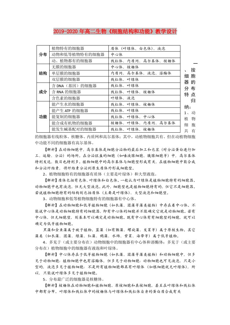 2019-2020年高二生物《细胞结构和功能》教学设计