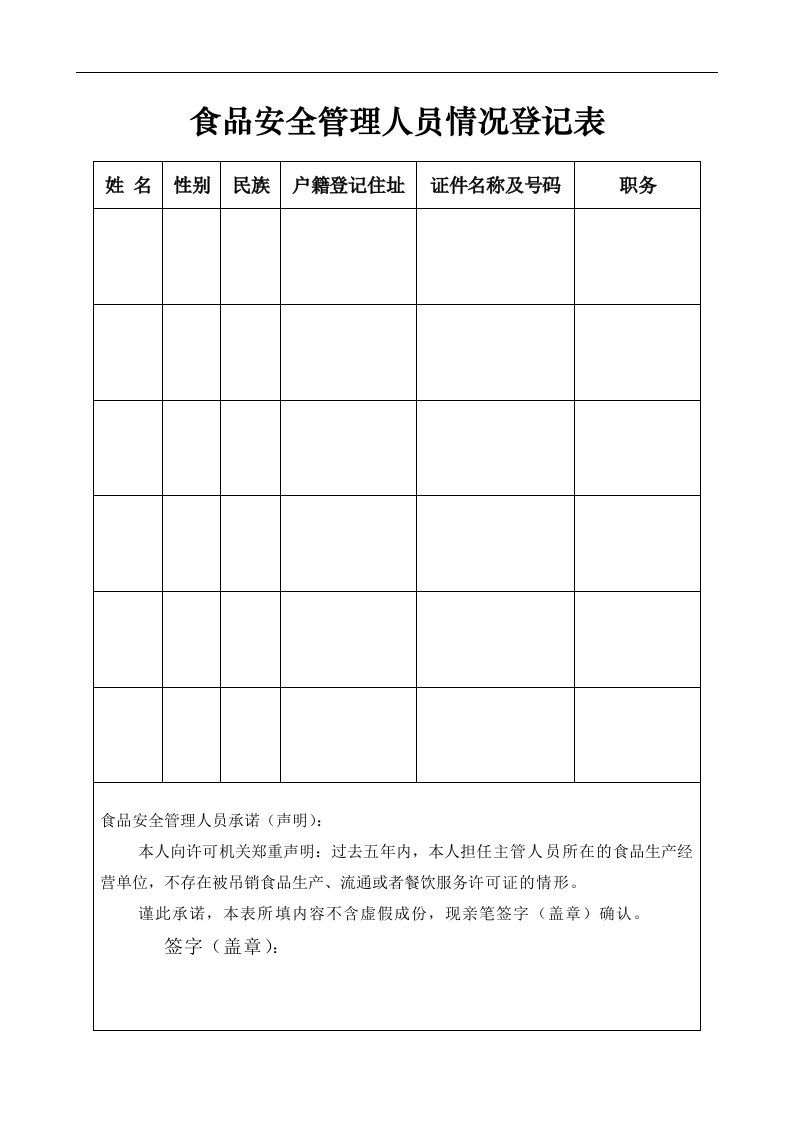 食品安全管理人员情况登记表