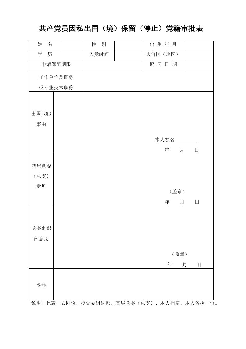 共产党员因私出国(境)保留(停止)党籍审批表