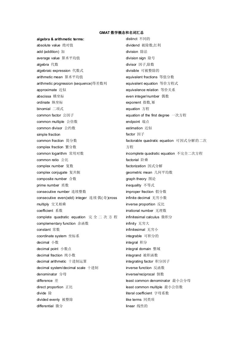 GMAT数学概念和名词汇总