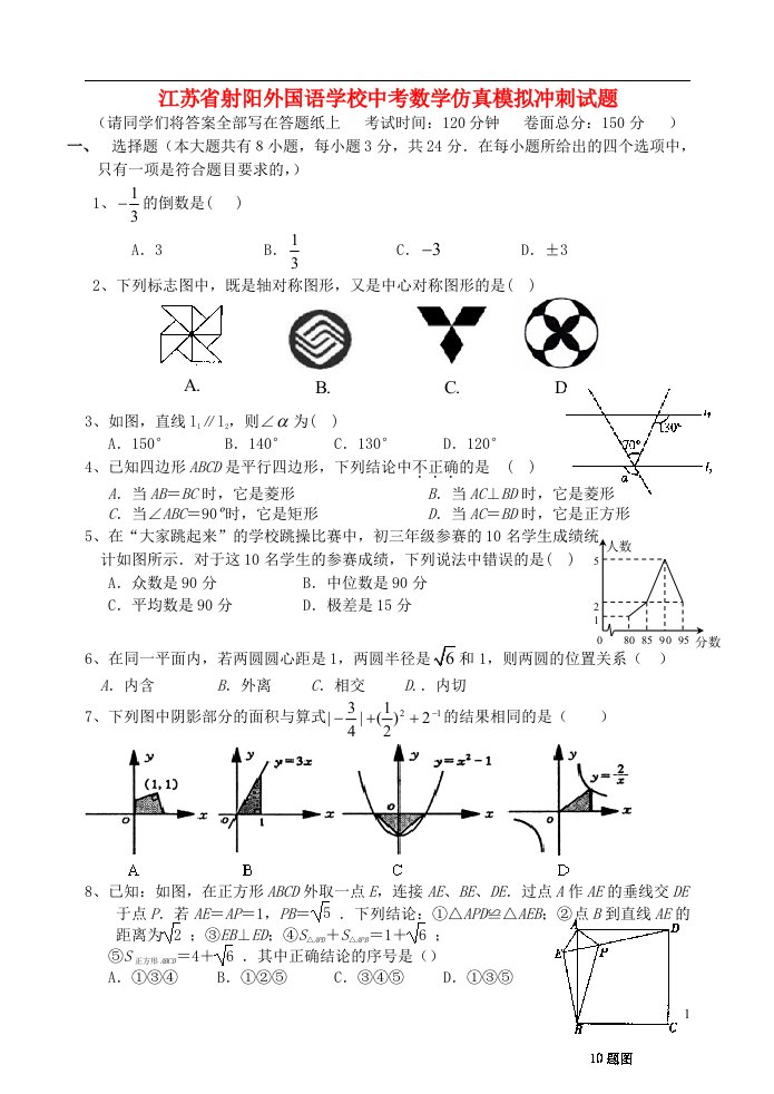 江苏省射阳外国语学校中考数学仿真模拟冲刺试题