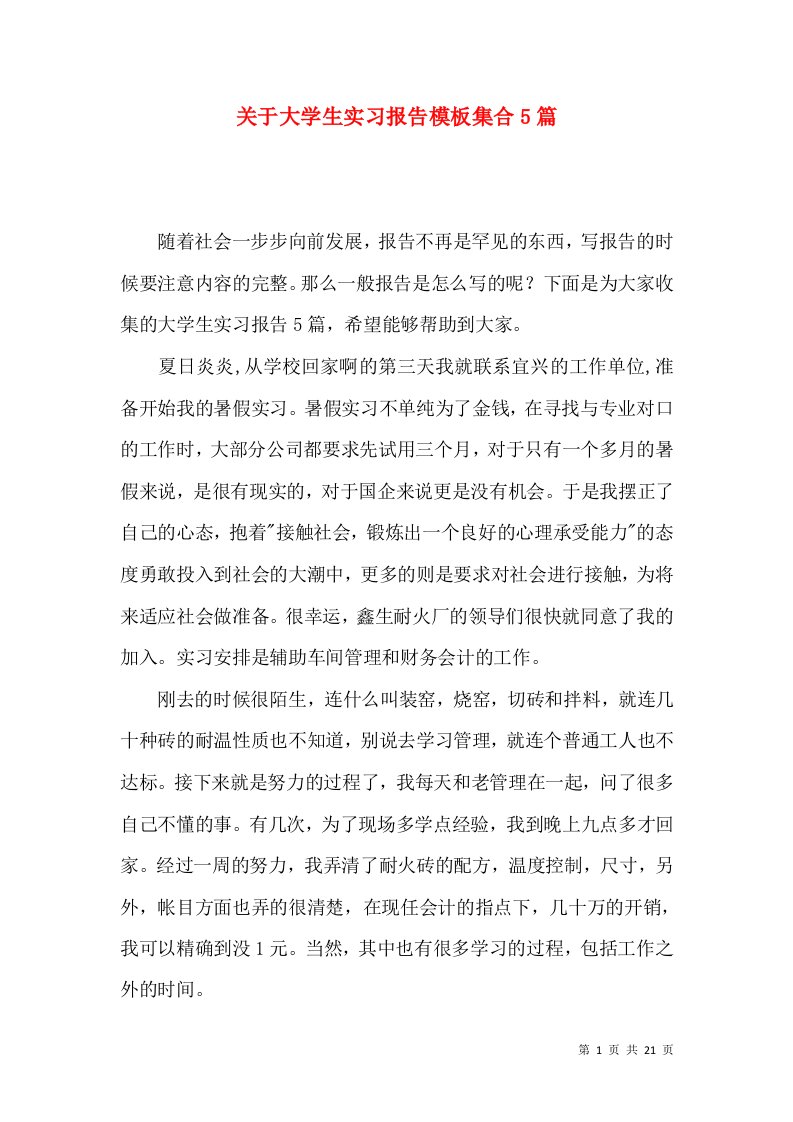 关于大学生实习报告模板集合5篇