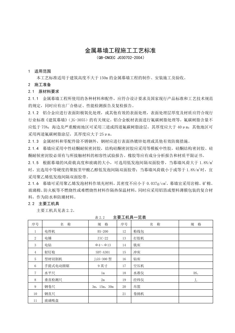 金属幕墙工程施工工艺标准