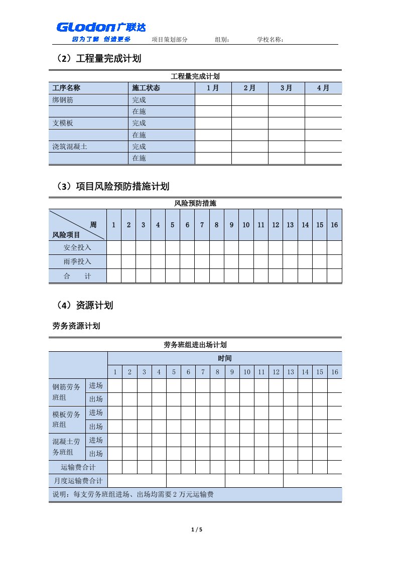 广联达工程项目管理沙盘项目策划工具表