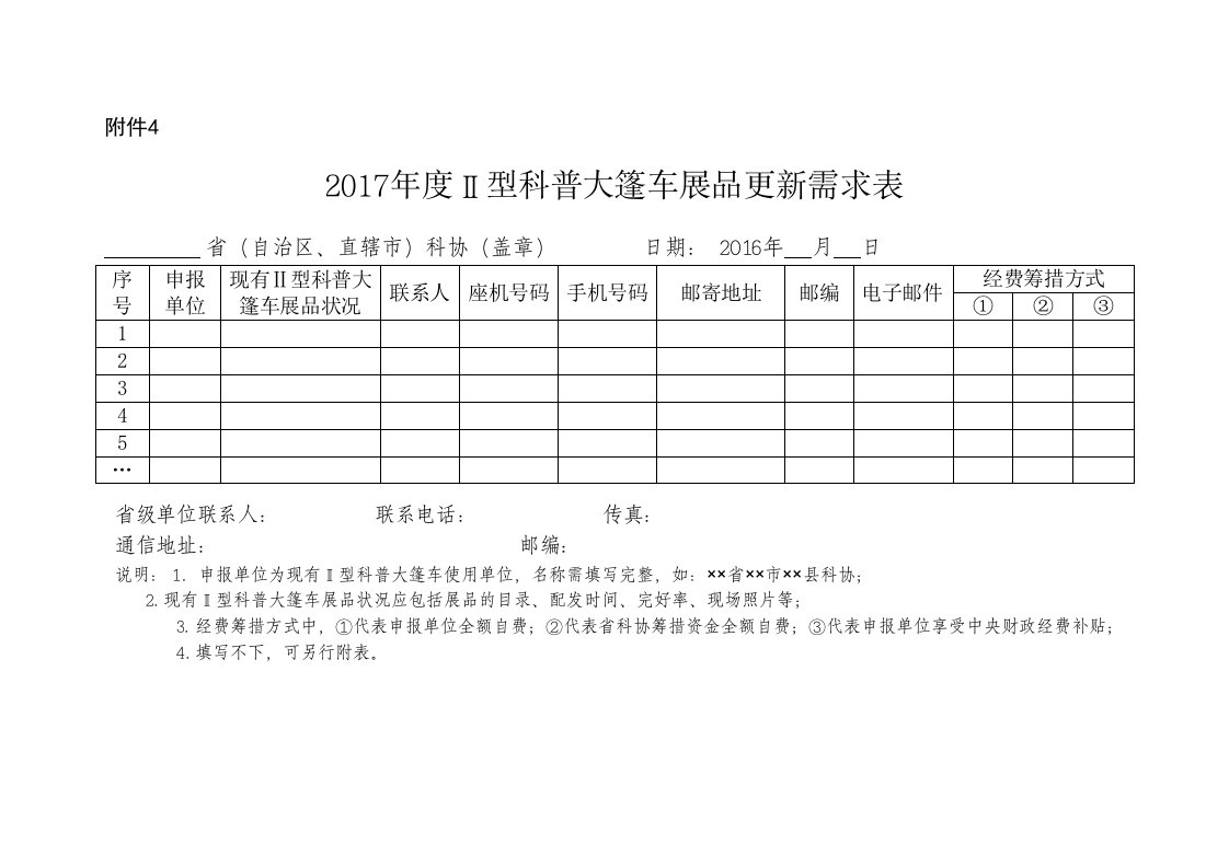 2017年Ⅱ型科普大篷车展品更新需求表-中国科协