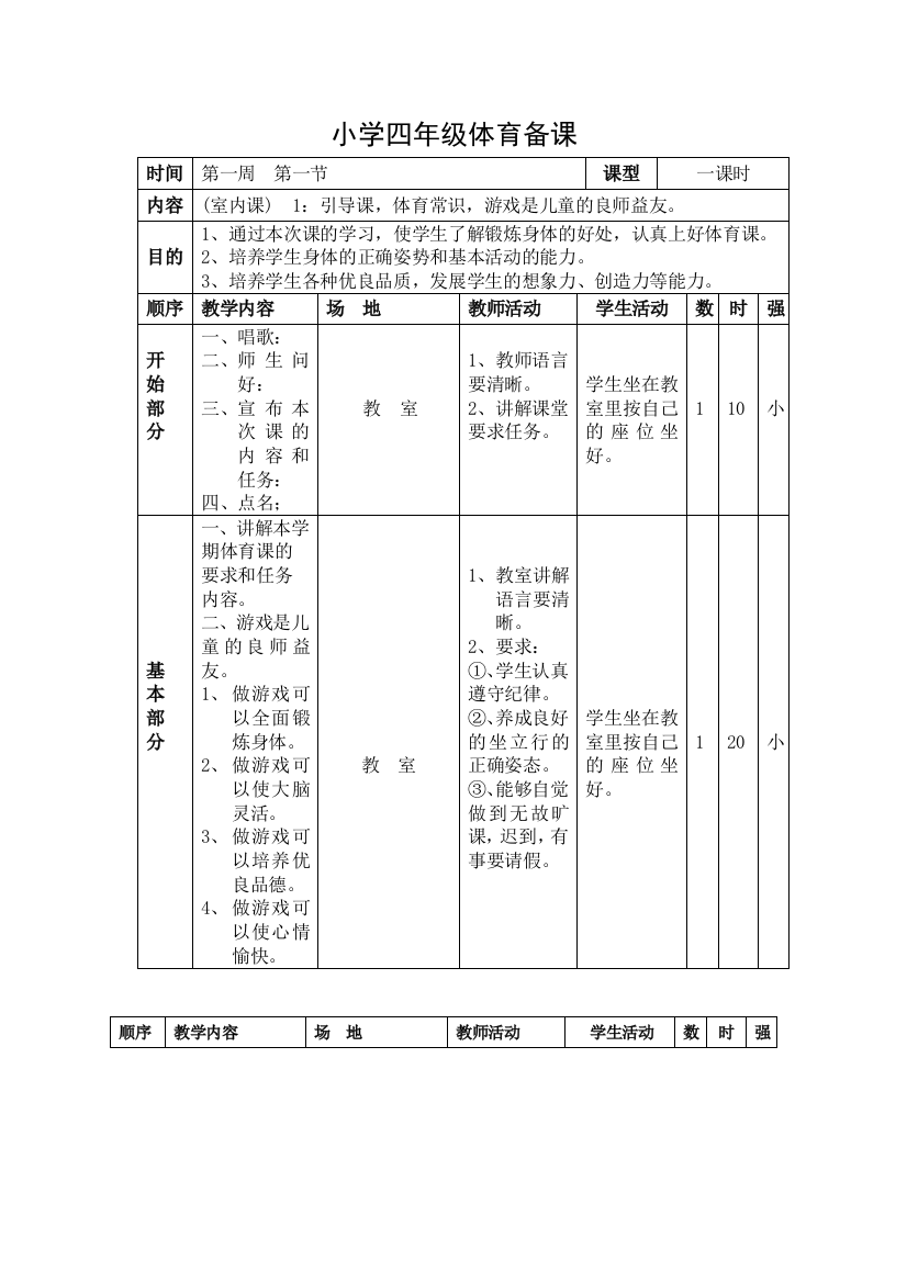 小学四年级体育全套教案