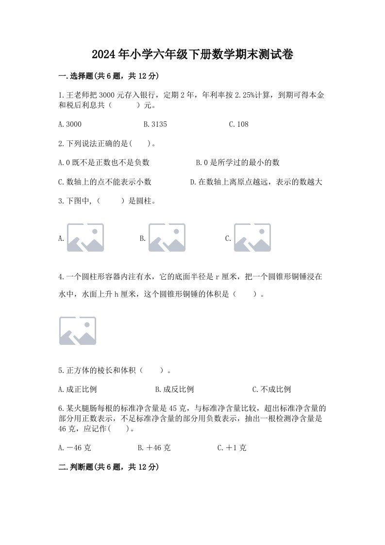 2024年小学六年级下册数学期末测试卷及完整答案【精品】