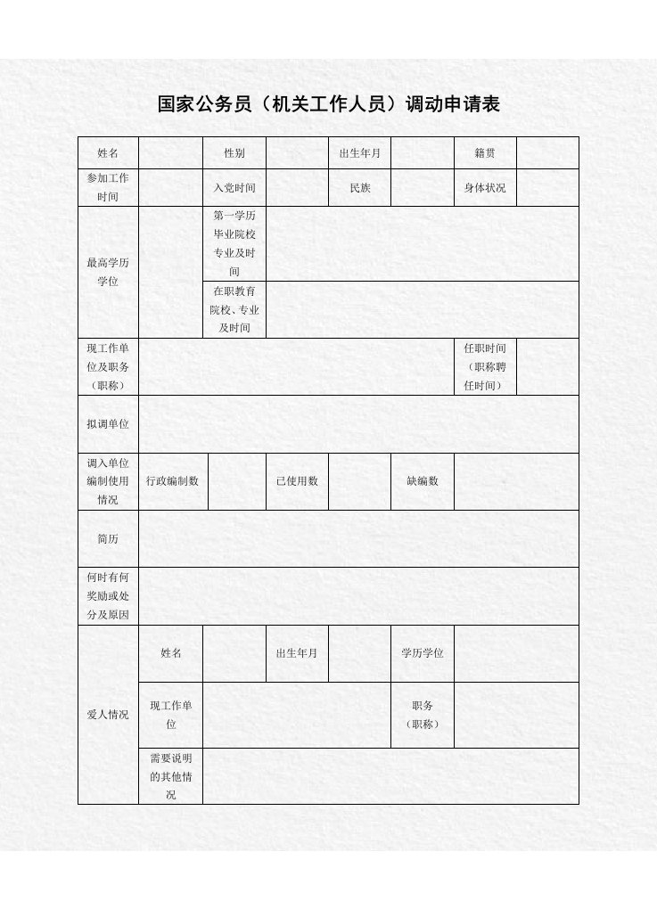 国家公务员(机关工作人员)调动申请表