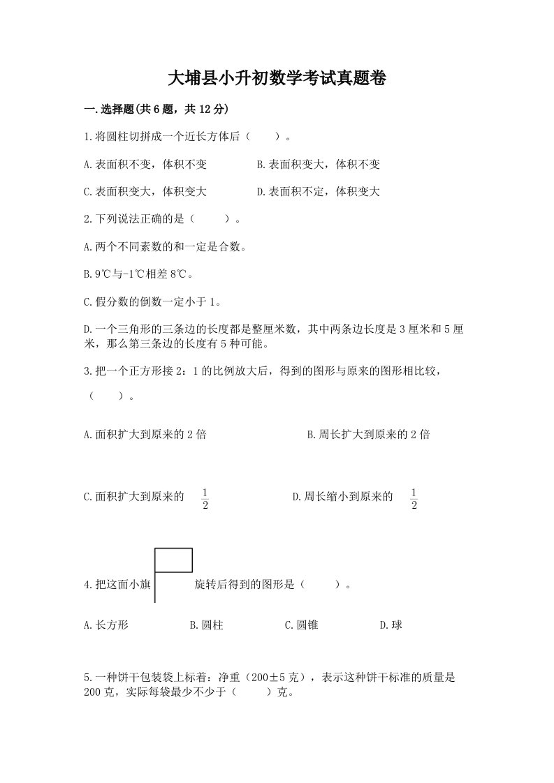 大埔县小升初数学考试真题卷含答案