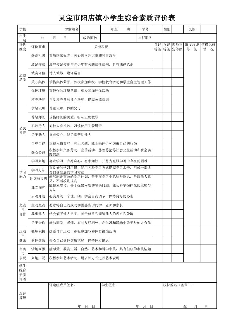 小学生综合素质评价表