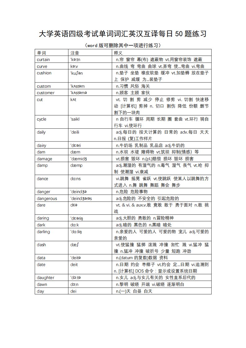 大学英语四级考试单词词汇英汉互译每日50题练习