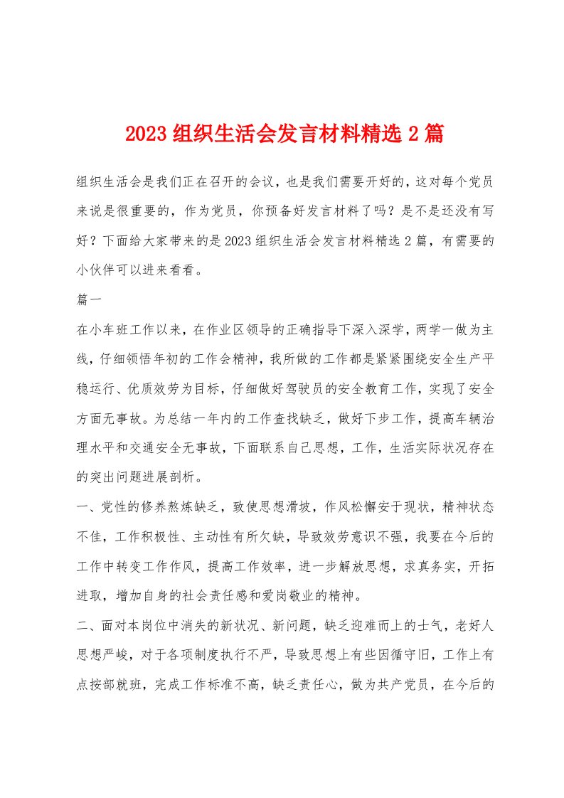 2023组织生活会发言材料精选2篇