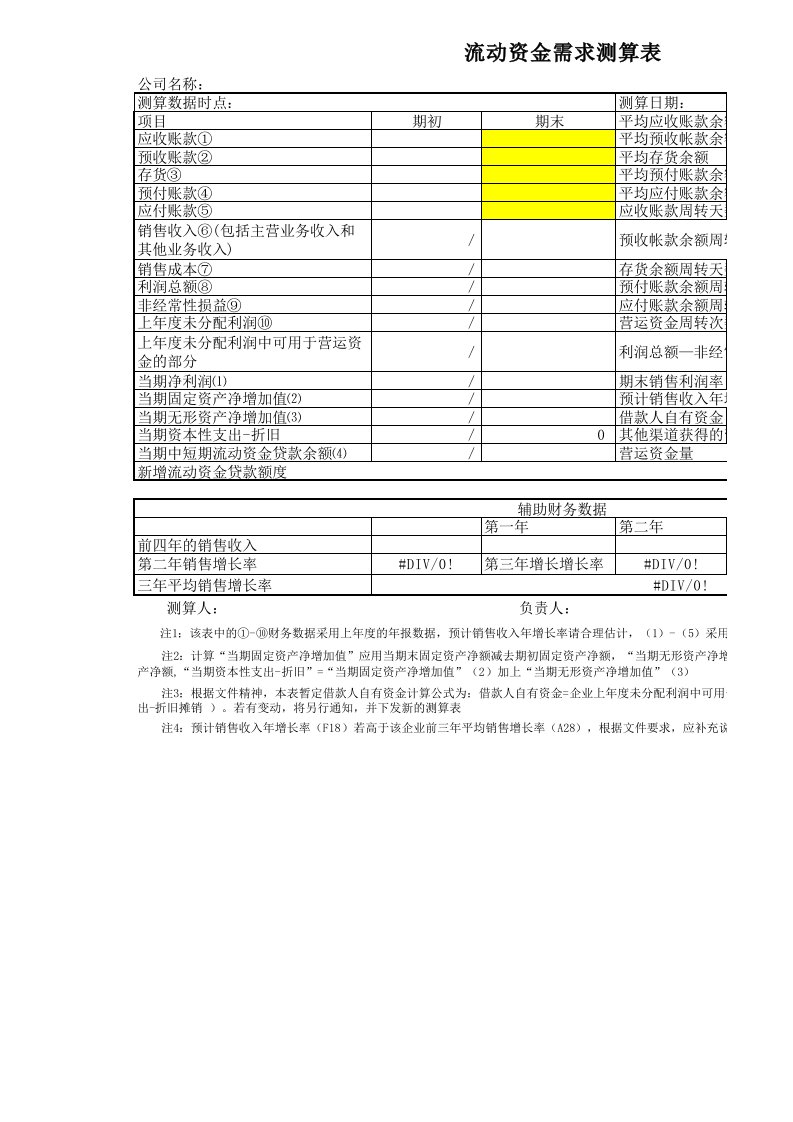 流动资金需求测算表