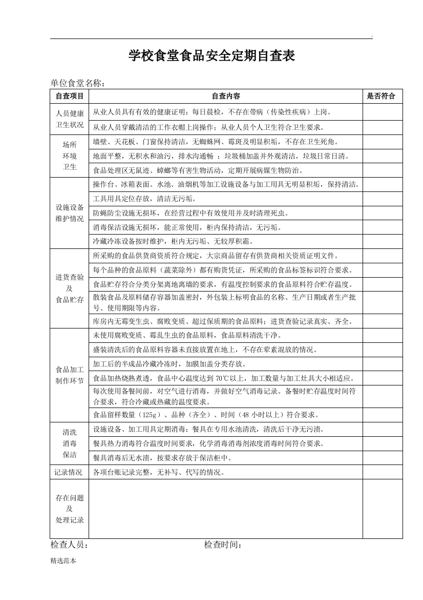 学校食堂食品安全定期自查表