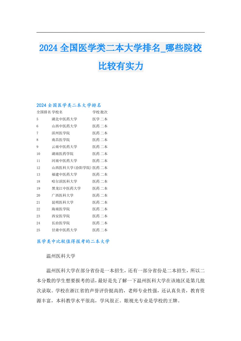 2024全国医学类二本大学排名_哪些院校比较有实力