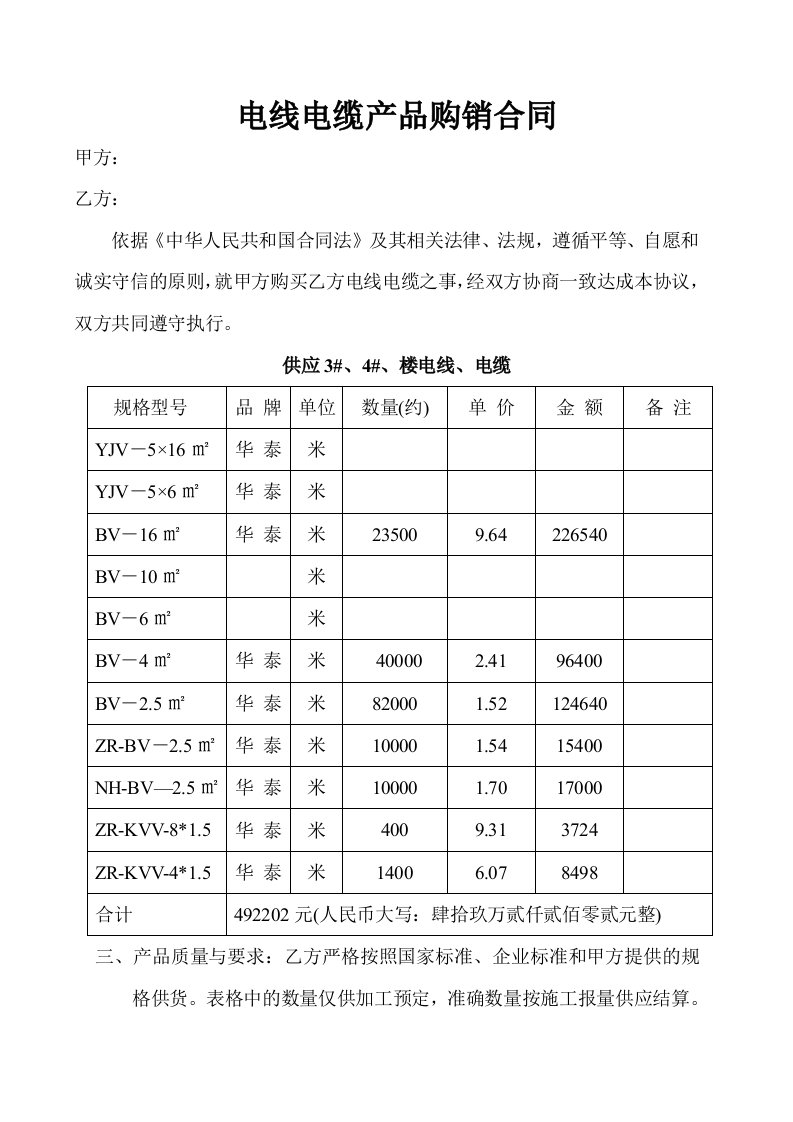 电线电缆产品购销合同