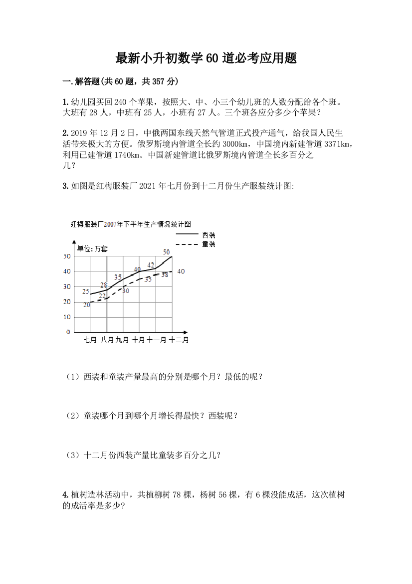 最新小升初数学60道必考应用题一套及答案(夺冠)