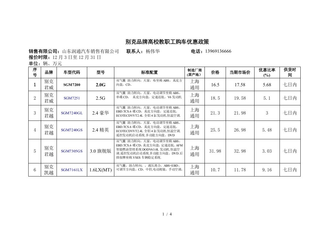 别克品牌高校教职工购车优惠政策