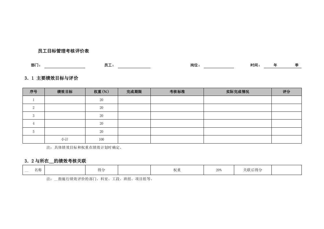 员工目标管理考核评价表