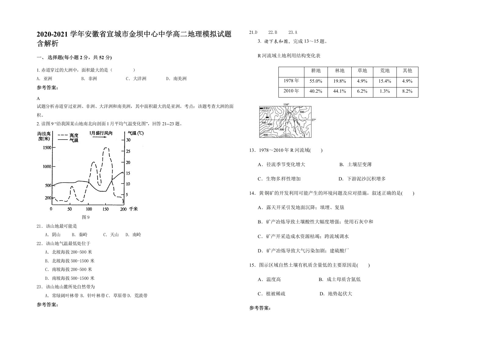 2020-2021学年安徽省宣城市金坝中心中学高二地理模拟试题含解析