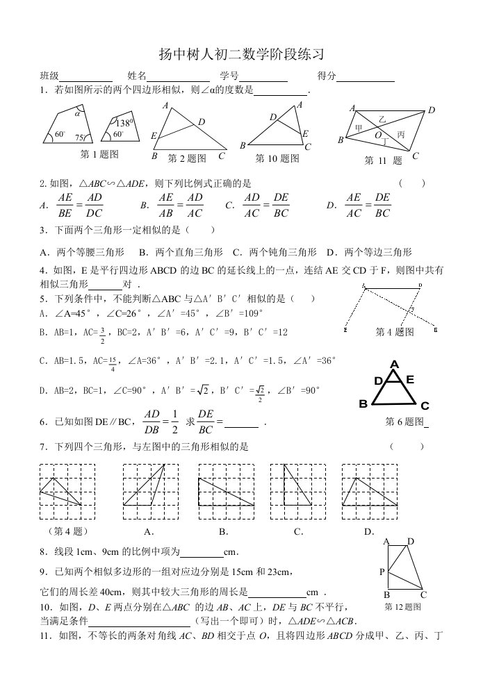 扬中树人初二数学阶段练习