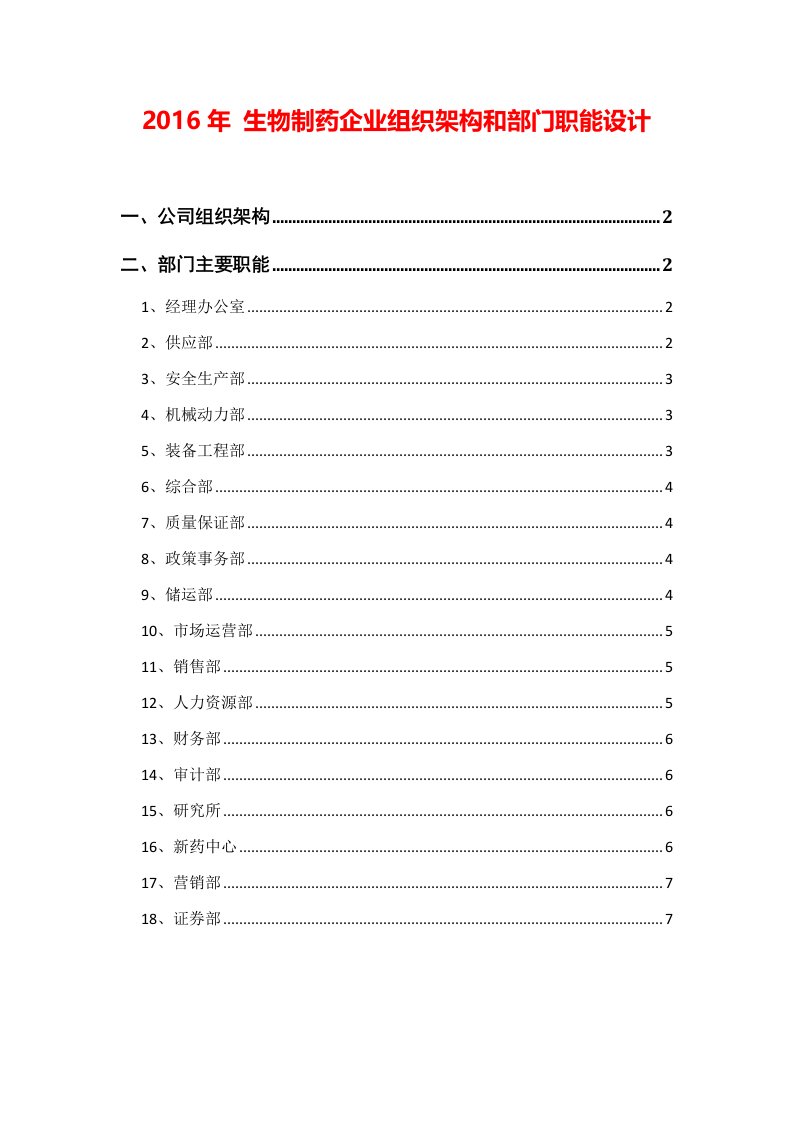 生物制药企业公司组织架构和部门职能设计