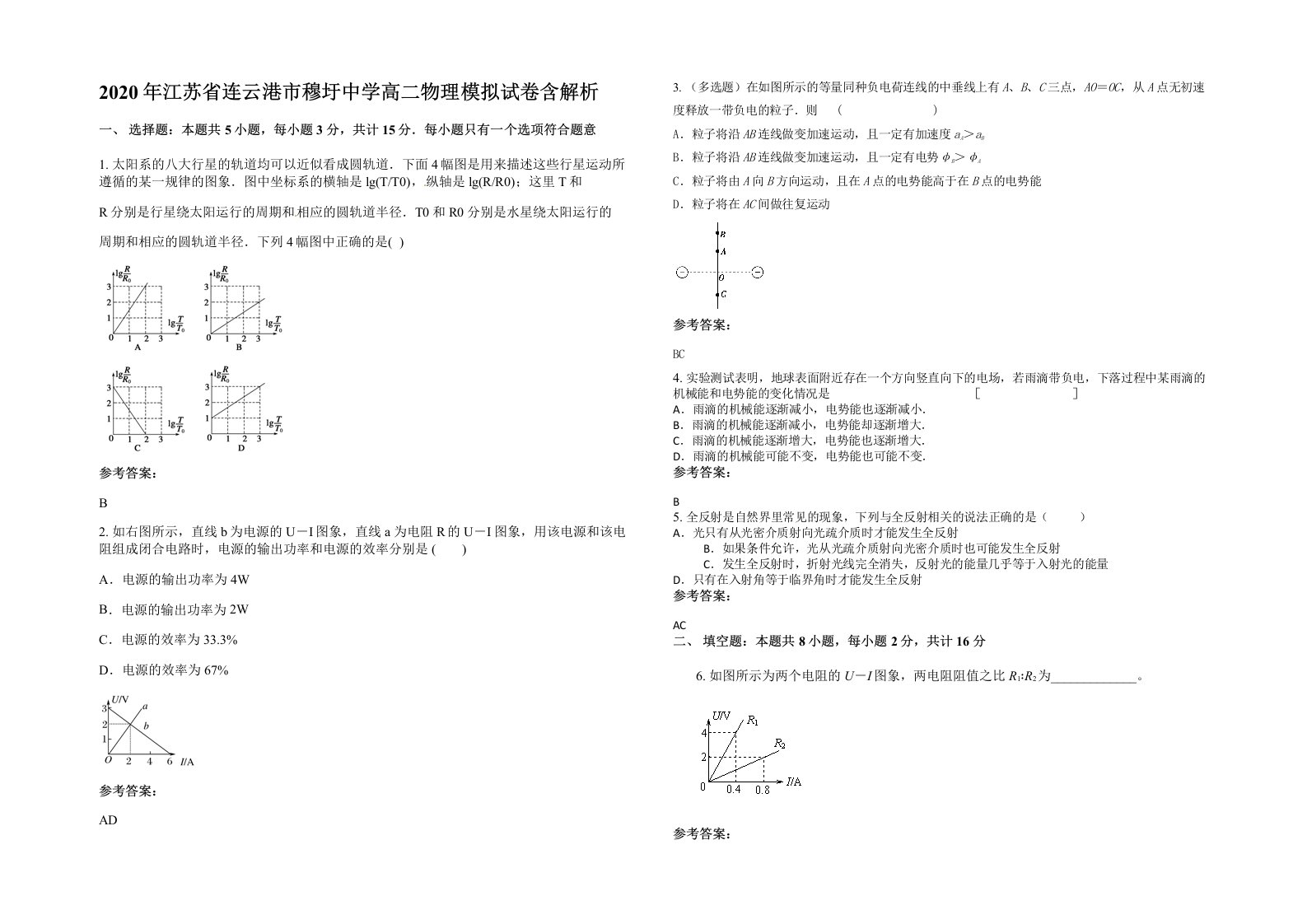 2020年江苏省连云港市穆圩中学高二物理模拟试卷含解析