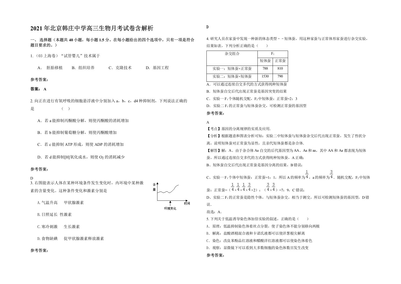 2021年北京韩庄中学高三生物月考试卷含解析