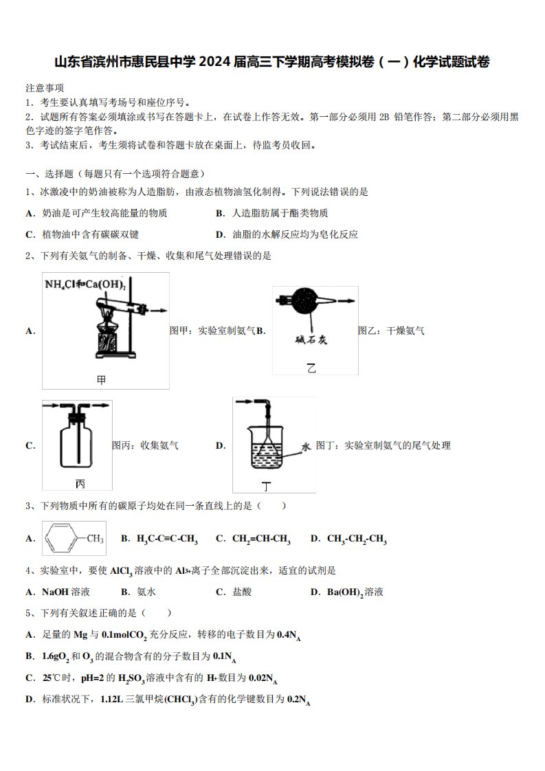 县中学2024届高三下学期高考模拟卷(一)化学试题试卷含解析