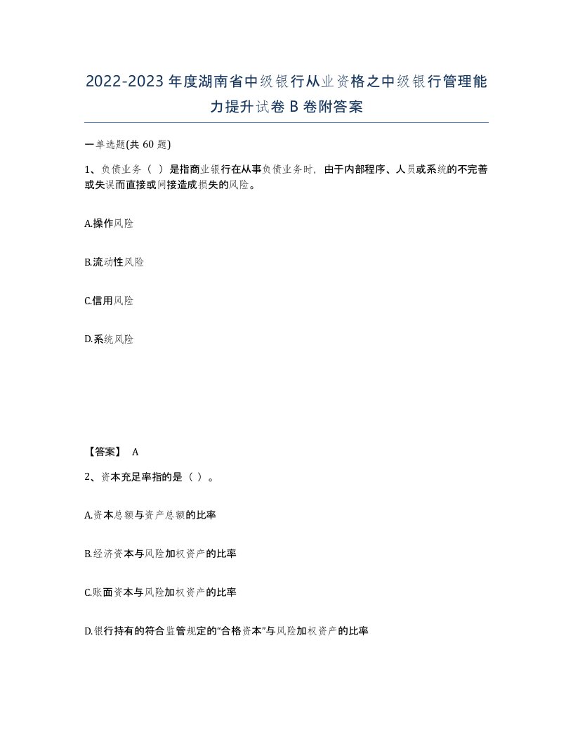 2022-2023年度湖南省中级银行从业资格之中级银行管理能力提升试卷B卷附答案