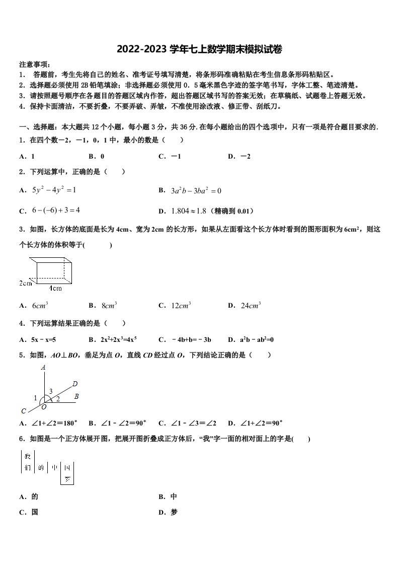 2023届湖南省长沙市开福区周南中学数学七年级第一学期期末联考模拟试题含解析