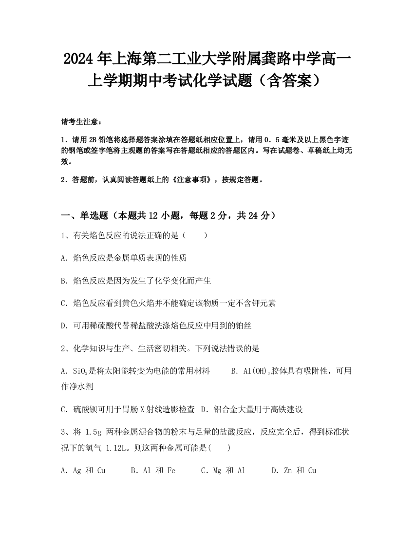 2024年上海第二工业大学附属龚路中学高一上学期期中考试化学试题（含答案）