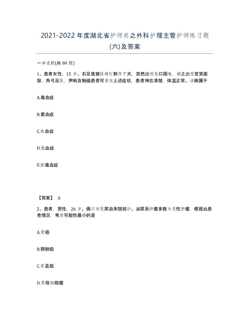 2021-2022年度湖北省护师类之外科护理主管护师练习题六及答案