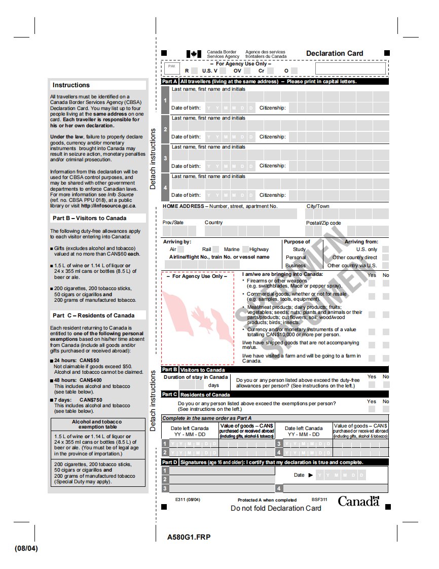 加拿大入境卡(英文样本)