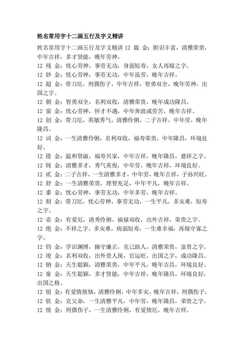 姓名常用字十二画五行及字义精讲