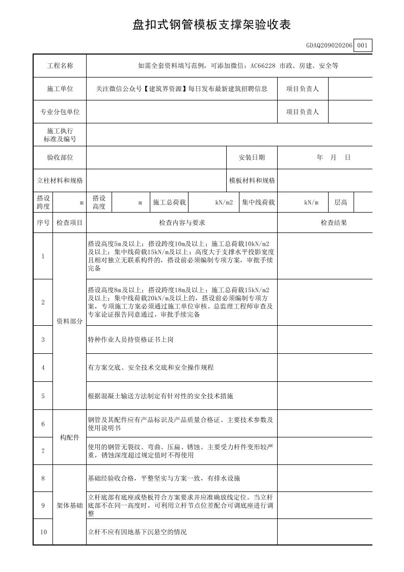 （6）盘扣式钢管模板支撑架验收表（含续表）GDAQ