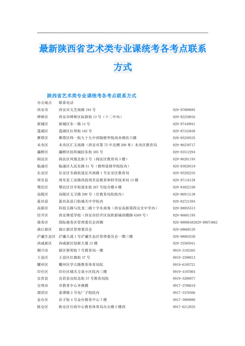 最新陕西省艺术类专业课统考各考点联系方式