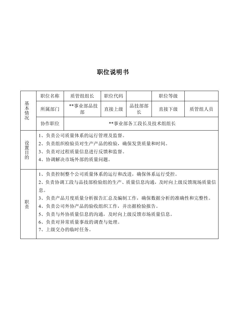 某大型摩配企业质管课课长岗位说明书